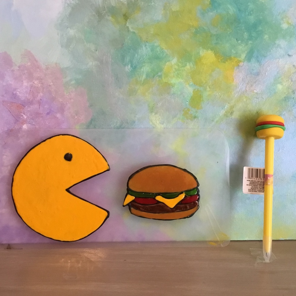 PAC MAN and Hamburger Hand Painted Stained Glass Window Clings and Pen - Picture 2 of 2